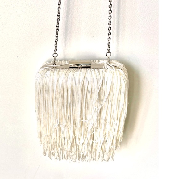 White event purse layered tassels and fringe silver shoulder chain-INC - Picture 1 of 6